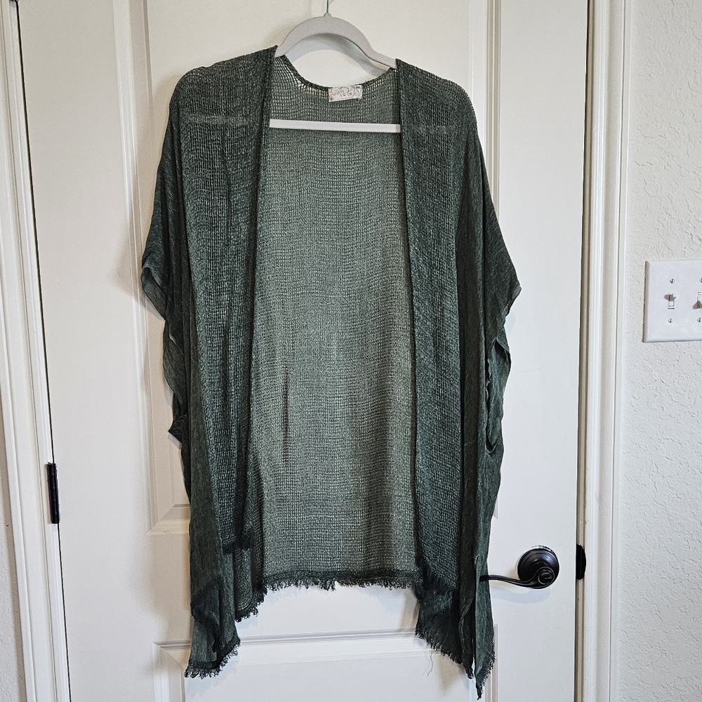 Free People Green Open Knit Open Front Lightweight Short Sleeve Sweater One Size